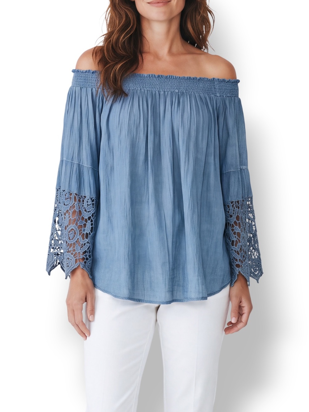 4/$20 Studio West Blue Boho Lace Sleeve Peasant Tunic Top Large